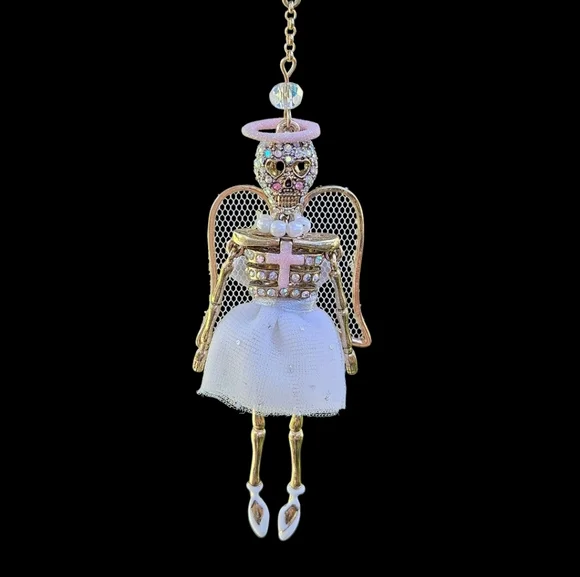 😈👼Betsey ANGEL DEVIL A&D Rosary Halo Wings Ballerina Skull Necklace - NWOT - Picture 4 of 8